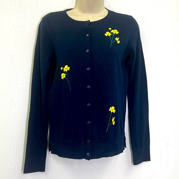 Loft - NWT Navy Embroidered Yellow Flowers Button Down Lightweight Cardigan XS - Picture 1 of 11